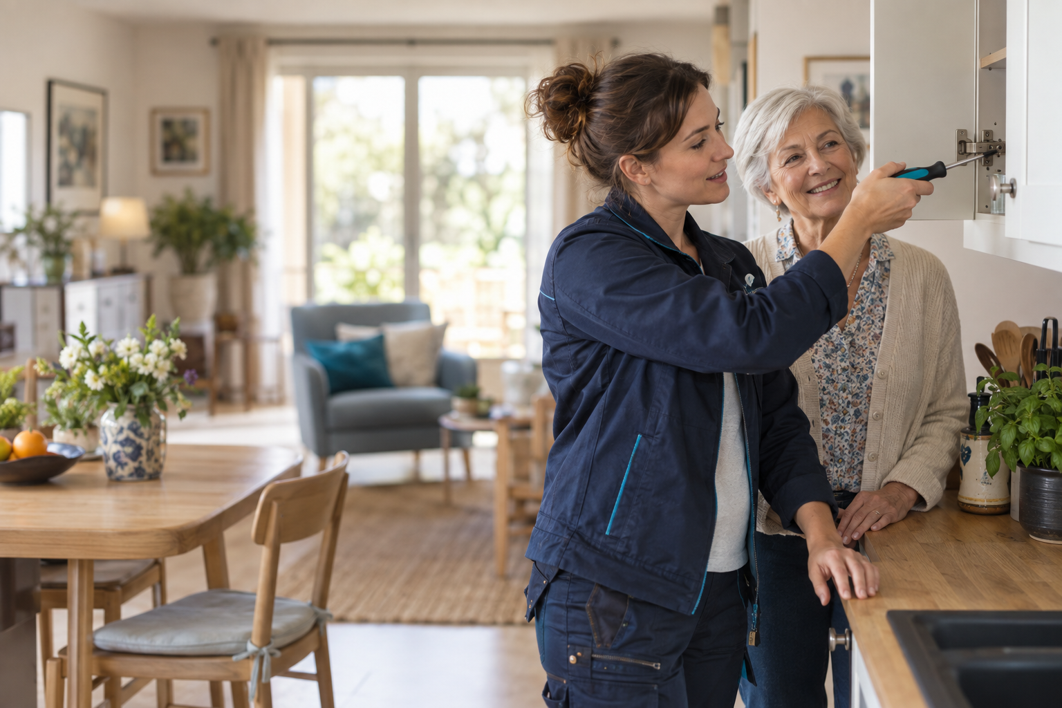 Une technicienne répare un meuble au domicile d’une personne âgée